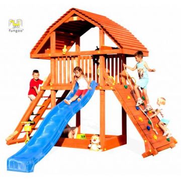 Complex de joaca din lemn GIANT, cu cataratoare si tobogan, pentru max 10 copii, 3 ani+, Fungoo 0925